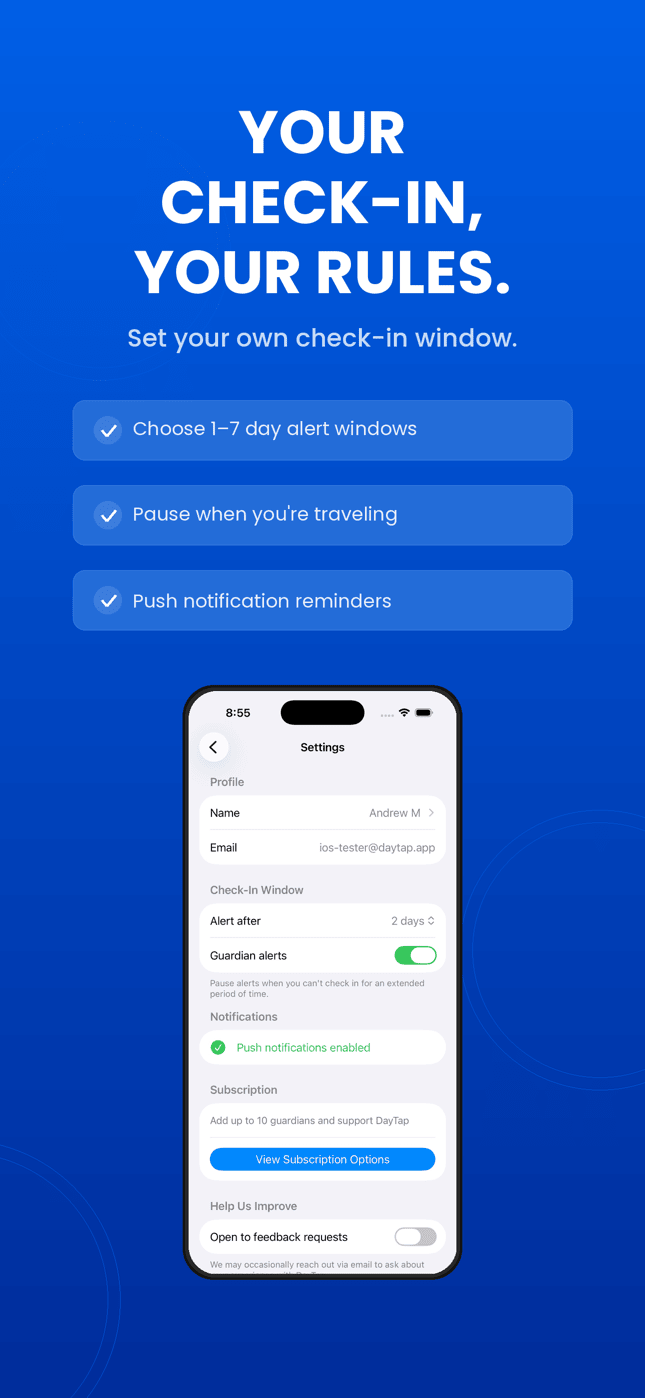 DayTap settings — choose alert window, pause when traveling, enable push reminders